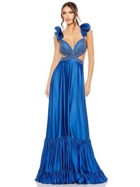 NWT Mac Duggal Royal Blue Ruffled Strap Evening Gown